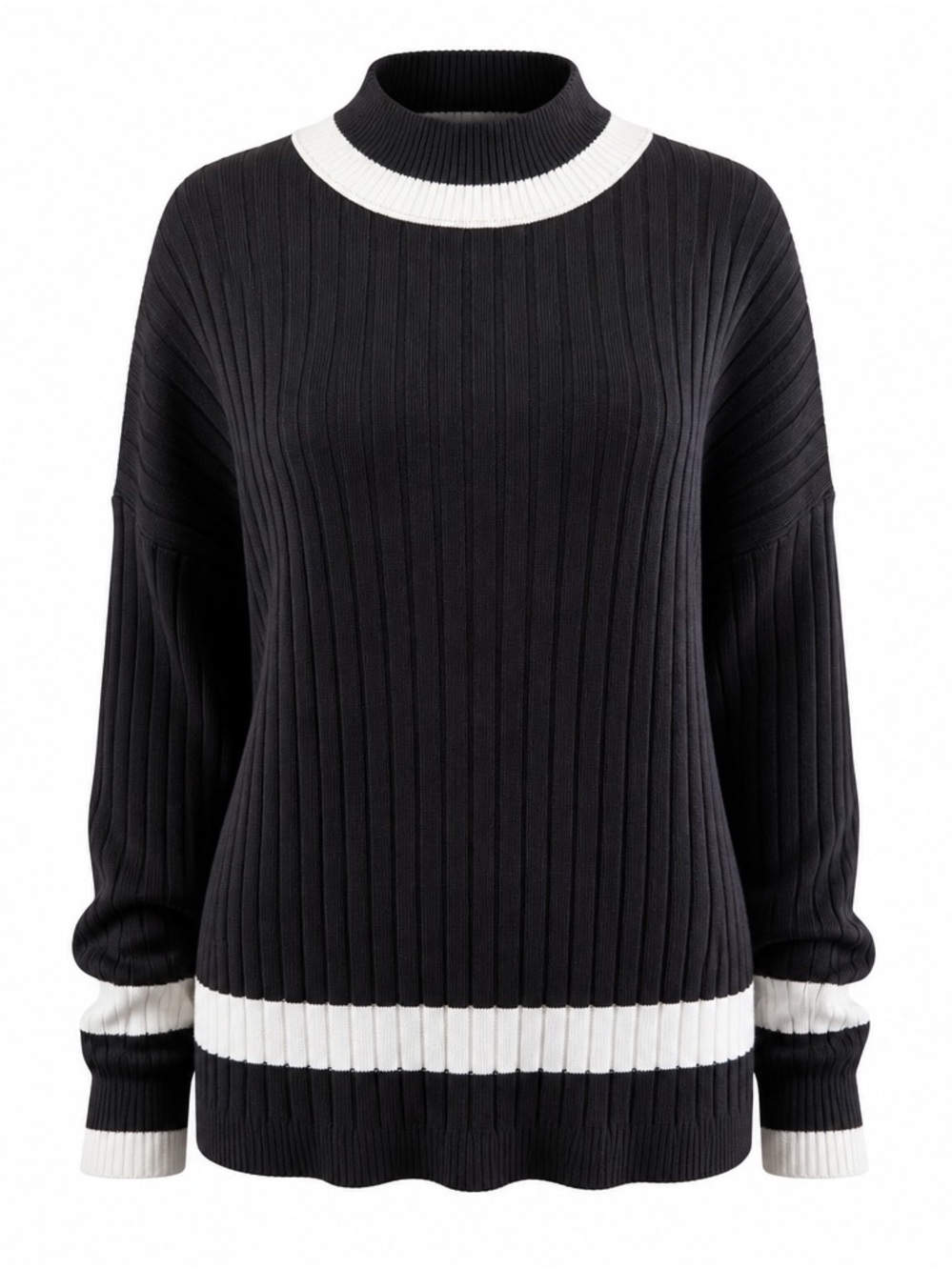 Commense Black and White Crew Neck Cabincore Sweater with Ribbed Knit Size M